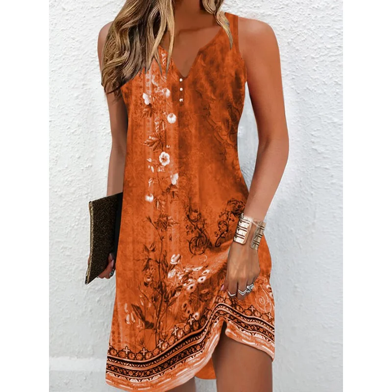 

Women's Dresses Summer Fashion Stitching V Neck Loose Bohemian Vacation Woman Basic sleeveless Vestidos 2023
