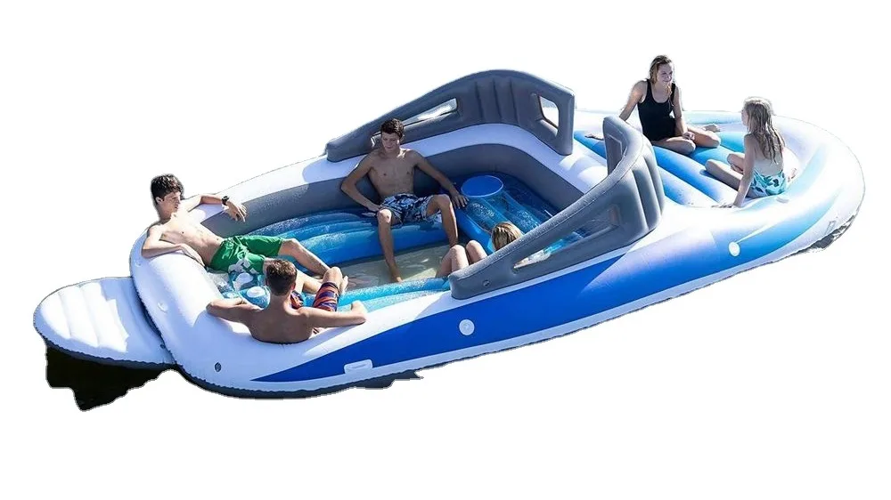 

6 Person Large Boat Shape Inflatable Speedboat Swimming Pool Floating Island Party Lake River Raft With Built-In Cooler