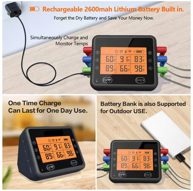 Цифровой термометр для барбекю Tuya Wi-Fi и Bluetooth перезаряжаемый беспроводной