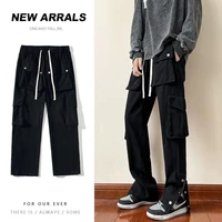 cotton black casual pants men fashion pocket cargo pants men japanese streetwear hip hop loose straight pants mens trousers