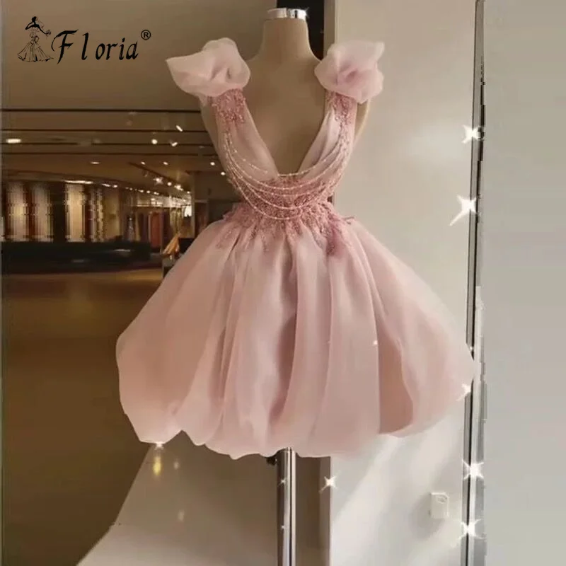 

New Sweety Bow Pink Short Cocktail Dresses V Neck Beaded Applique Ball Gown Prom Dress Celebrity Party Gown Vestido De Cocktail