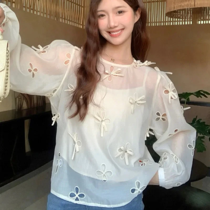 Корейская шикарная Просвечивающая рубашка с 3d бантом привлекательная Женская