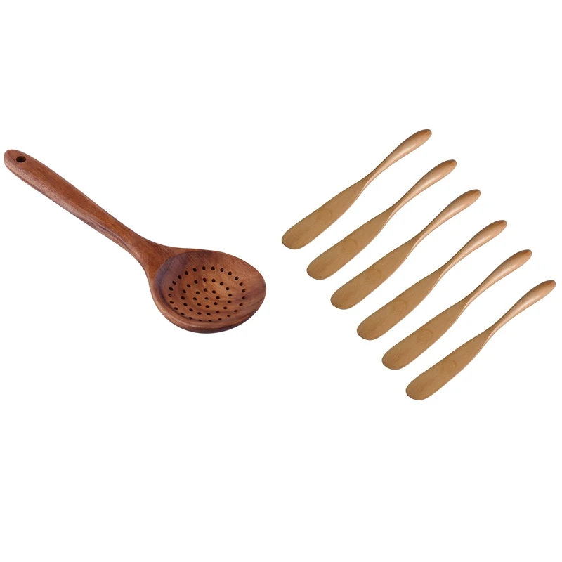 

1X Teak Wood Spoon Long Handle Spoon Ladle Big Rice Paddle Wooden Spoon & 6X Wooden Butter Knife Cheese Spreader