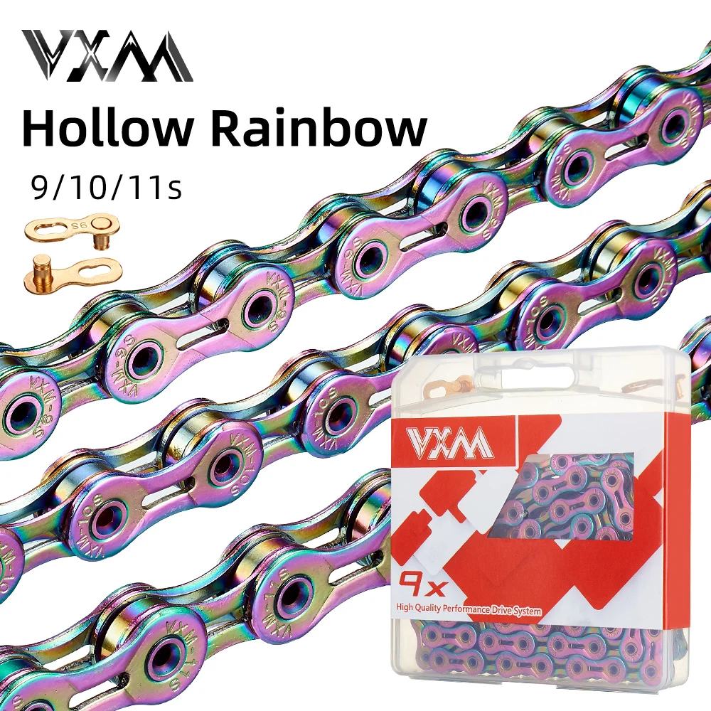 

VXM Multi-Colored 9/10/11Speed Bicycle Chain - Rainbow Hollow Semi-Hollow Magic Buckle Road Bike MTB Compatible 116/126L