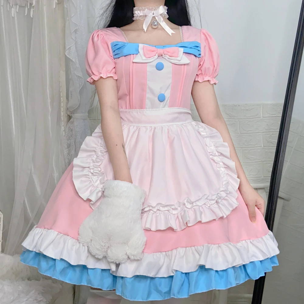 

2022 New Women Maid Outfit Cosplay Anime Lolita Costume Cute Cat Pink Bow Tie Blue Lace Trim Apron Paw Lolita Dresses Full Set