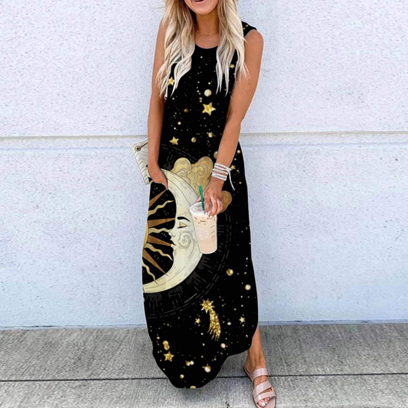 

Women'S Maxi Dress Elegent Dress Summer 2021 Moon And Stars Print Sleeveless Pocket Casual Printing Beach Long Loose Dress