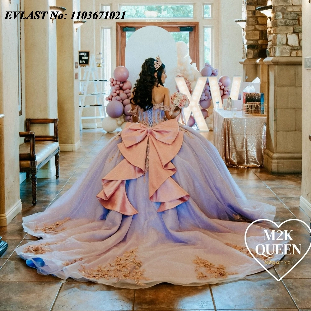 EVLAST блестящее Лавандовое платье Quinnceanera бальное Кружевная аппликация