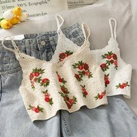 oumea women floral embroidery camis crop top summer cotton crochet sweet tops sleeveless retro tops beach styles hot tops
