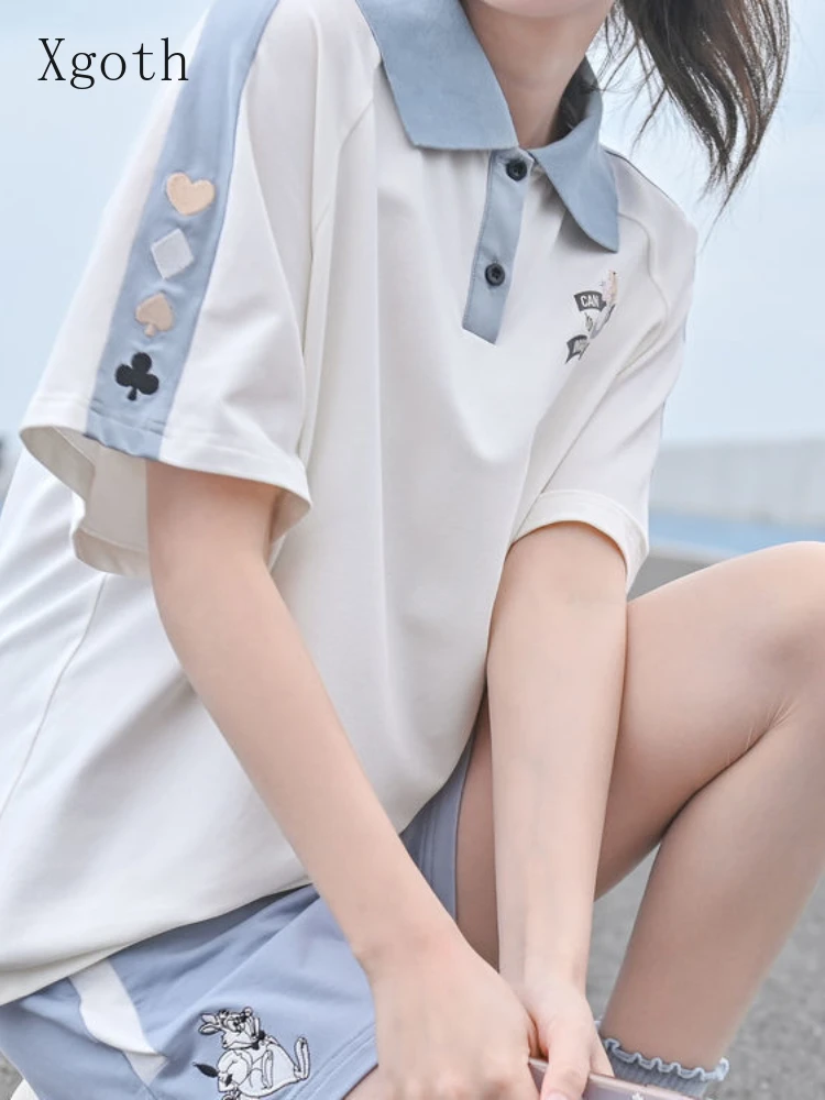 

Kawaii Polo Shirt Shorts 2pcs Girl Running Sportswear Suit Casual Cartoon Short-sleeved POLO Shirt + Sweet Shorts Two-piece Set