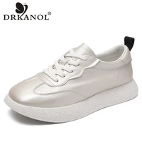 drkanol 2022 spring women sneakers thick rubber sole lace up flat sneakers ladies solid color genuine leather vulcanized shoes