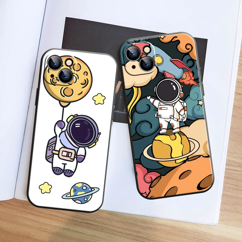 

Cute Astronaut Phone Case For Apple iPhone 13 12 11 Pro 12 13 Mini X XR XS Max SE 6 6s 7 8 Plus Liquid Silicon Soft Coque Black