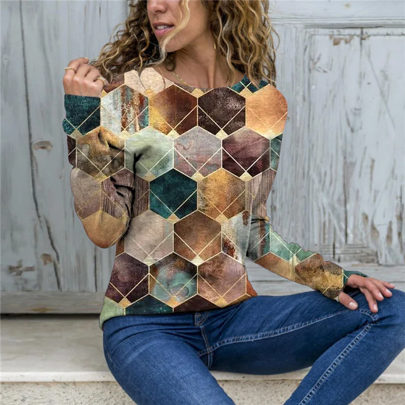 

Plaid Graphic Print T-Shirt Women's Clothing Summer Autumn Fashion Long Sleeve Casual Tee Shirts Ladies Oversized Vintage Tops
