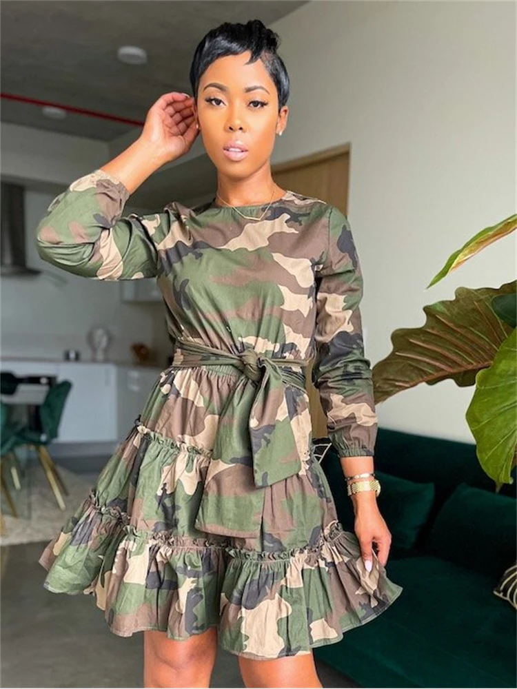 

Habbris Fall Sexy Camo Print Ruched Midi Dresses Fall Outfit For Women 2023 Long Sleeve O Neck Short Dress Women Clothing