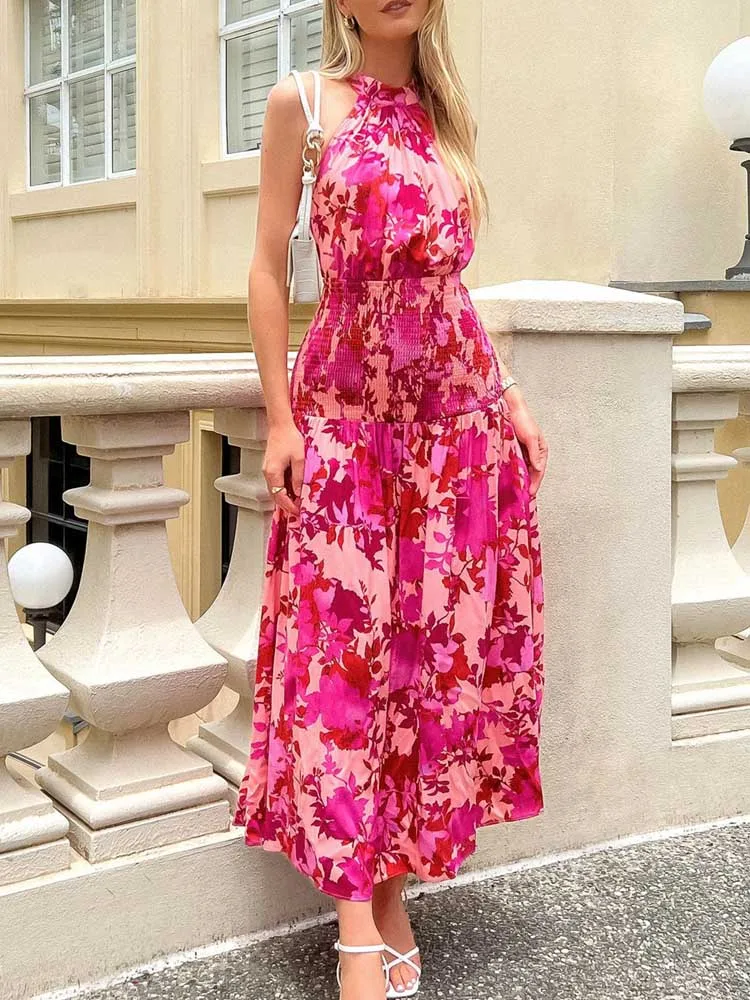 

Женское винтажное платье без рукавов Kumsvag, элегантное платье в стиле бохо с цветочным принтом и лямкой через шею, уличное платье черного цве...