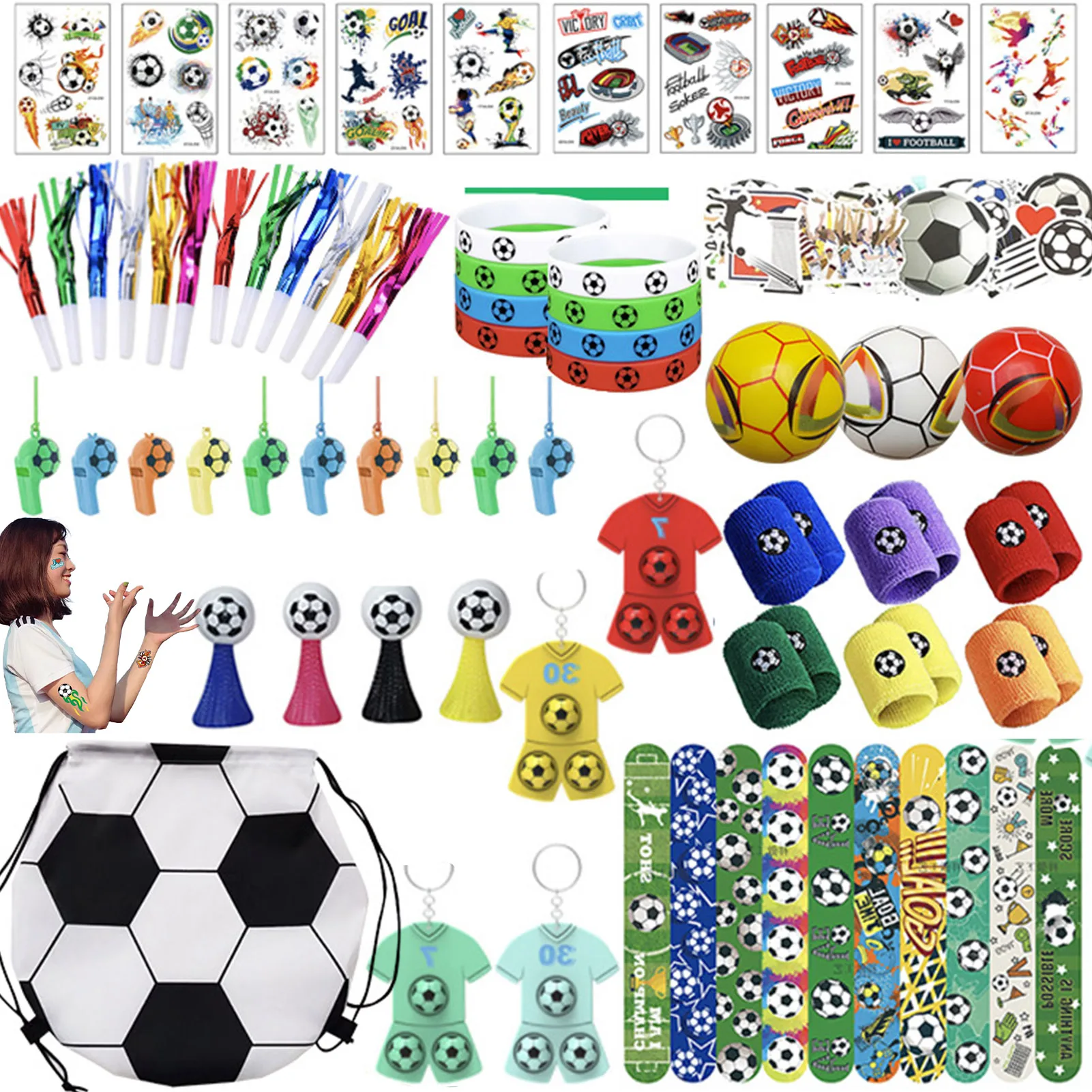 

122Pcs Soccer Party Favors Set Soccer Europe Cup Soccer Toys DIY Soccer Gyro Bracelet Car Maze Whistle Keychain Cheer Kit