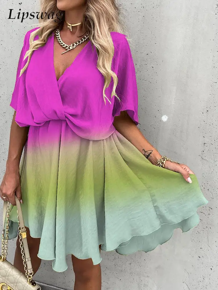 

Fashion Casual High Waist Loose Dress Women Gradient Waist Pleated Dress Summer Elegant V Neck Half Sleeves Short Dress Vestdios