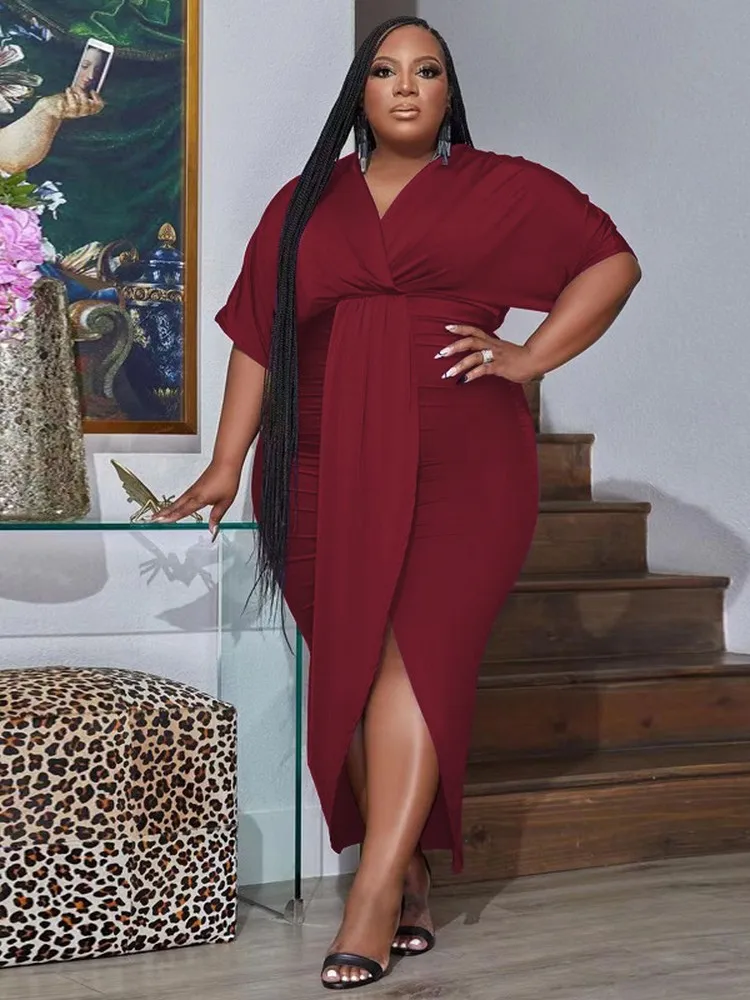 

ZJFZML ZZ размера плюс платья с завышенной талией спереди, с высоким разрезом, придающие формы, до щиколотки, офисные женские платья с коротким рукавом, облегающие бедра