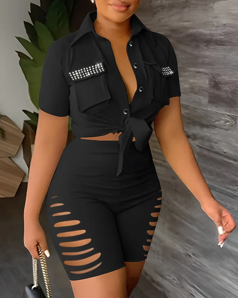 

Блузка-карго женская с коротким рукавом и шорты с высокой талией