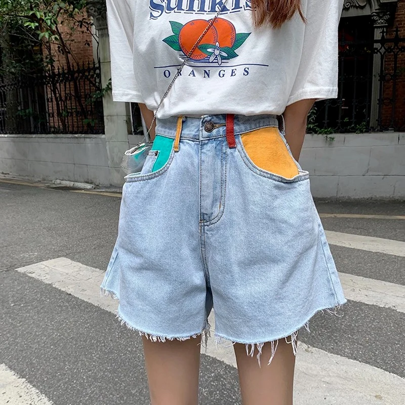 2023 Summer Ladies Color Patchwork Pocket Women Shorts Female College Style High Waist Denim Short Jean Lady Casual Fashion Wear