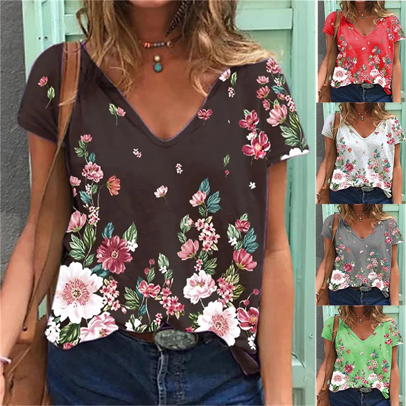 

Women's T-Shirt Summer Flower Print Top Floral Theme 3D Printing T-Shirt Ladies V-Neck Fashion Casual Top 2022