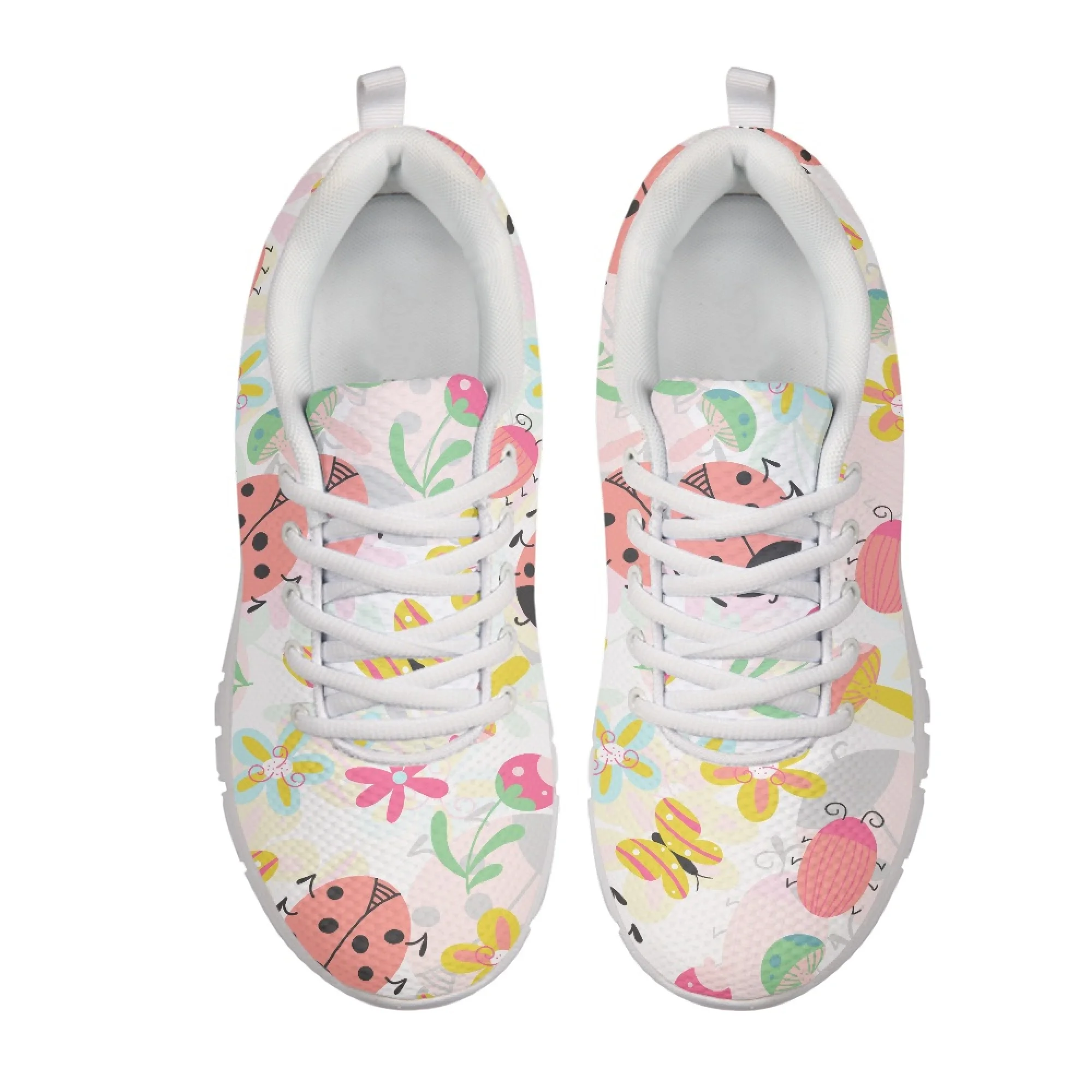 Yikeluo Cartoon Pattern with Flower Printed Mesh Shoes Woman Spring Ladies Shoes Lace-Up Flats Sneakers Women Unsex Footwear