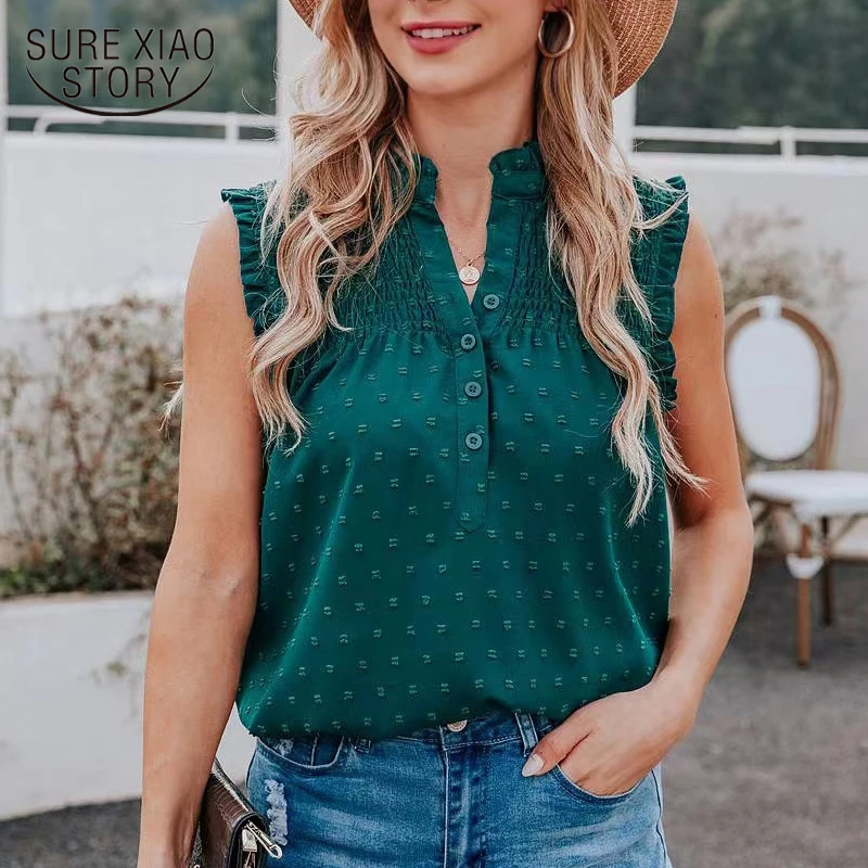 

Casual New Dot Ruffle Stand Collar Women's Shirt Short Sleeve Chiffon Blouse Summer 2022 Sleeveless Tops Women Clothing 18977