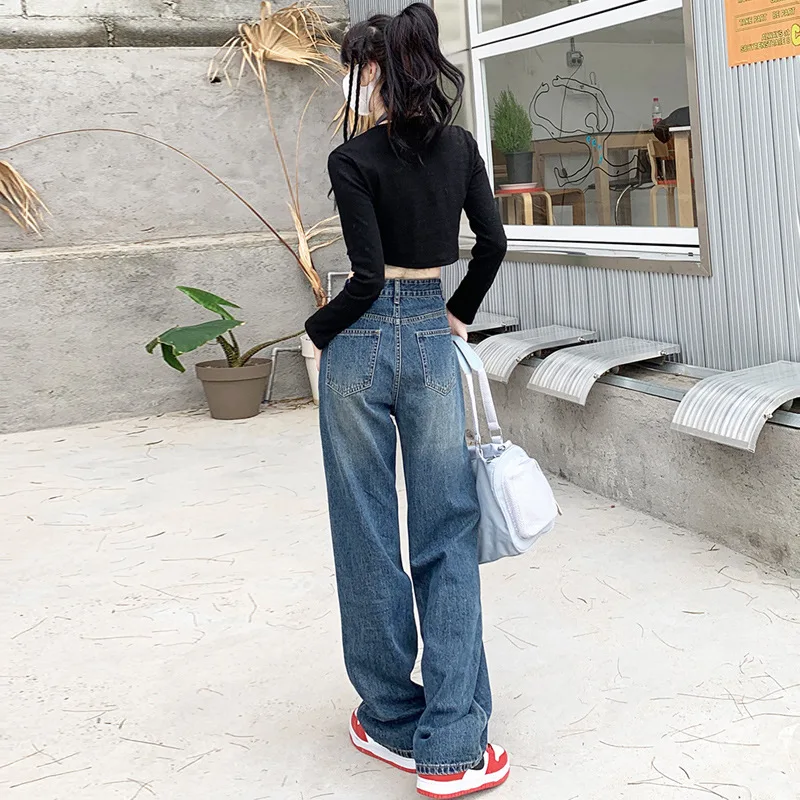 2023 Summer New Pocket Split Design High Waist Straight Loose Dipped Retro Wide Leg Jeans