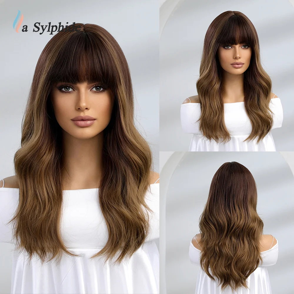 La Sylphide Synthetic Wig Long Curly Root Black Ombre Brown Blonde Wigs with Bangs for White Black Woman Daily Party Use Wig