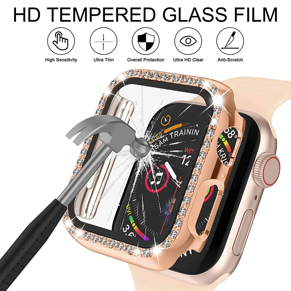 

Case For Apple Watch 41mm 45mm 40mm 44mm Screen Protector Diamond Full Cover Bumper + Glass for iWatch Series 8 7 6 Se 5 4 3 2