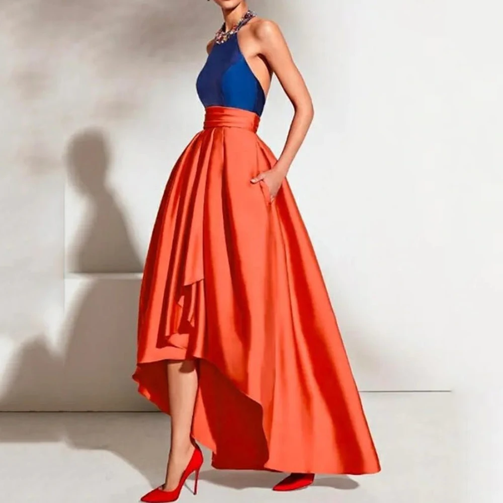 

Halter-Neck Diamond Round Neck Ball Dress Two Tone Pleated Front Short Back Long Backless Dresses Party Banquet A-Line Gown