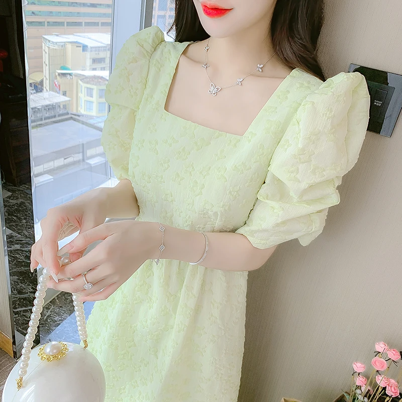 

COIGARSAM Long Dress Women Summer 2022 New French Style Chiffon Square Collar White Fluorescent Green Dresses Dropshipping