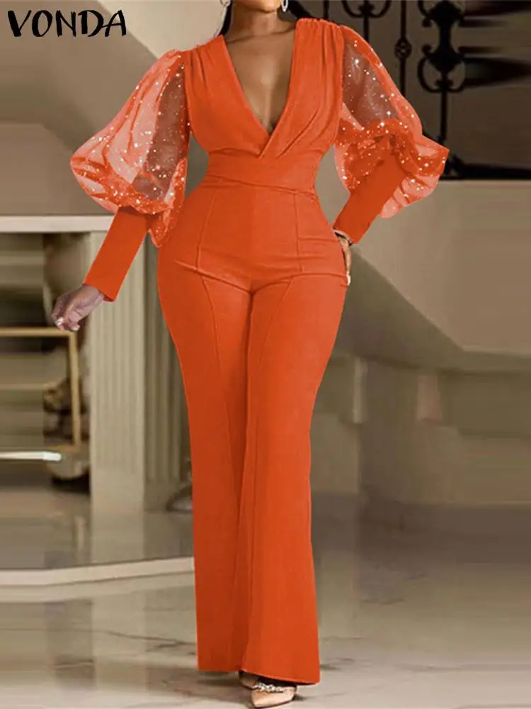 

Летний офисный комбинезон VONDA, элегантные женские комбинезоны, сексуальные комбинезоны с глубоким V-образным вырезом, плиссированные комбинезоны 2023, сетчатые Лоскутные расклешенные брюки