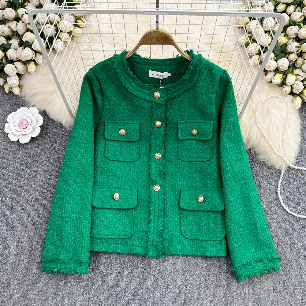 

Женская твидовая куртка с длинным рукавом, однотонная твидовая куртка с круглым вырезом и потертостями, Осень-зима