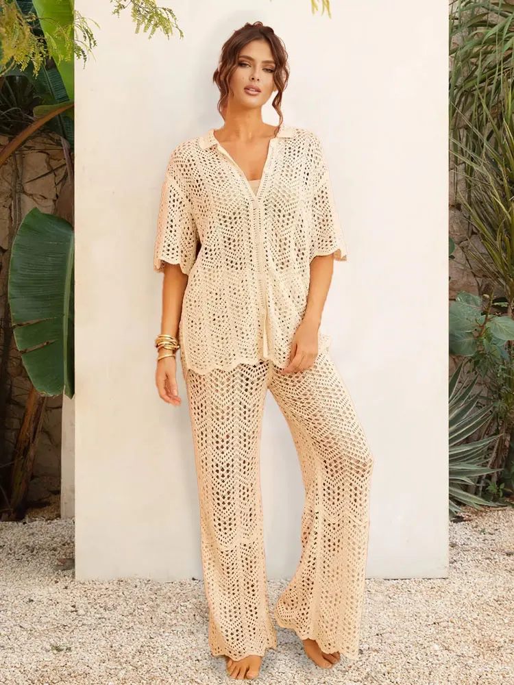 Повседневная вязаная крючком рубашка и брюки с тепловой волной бежевый комплект