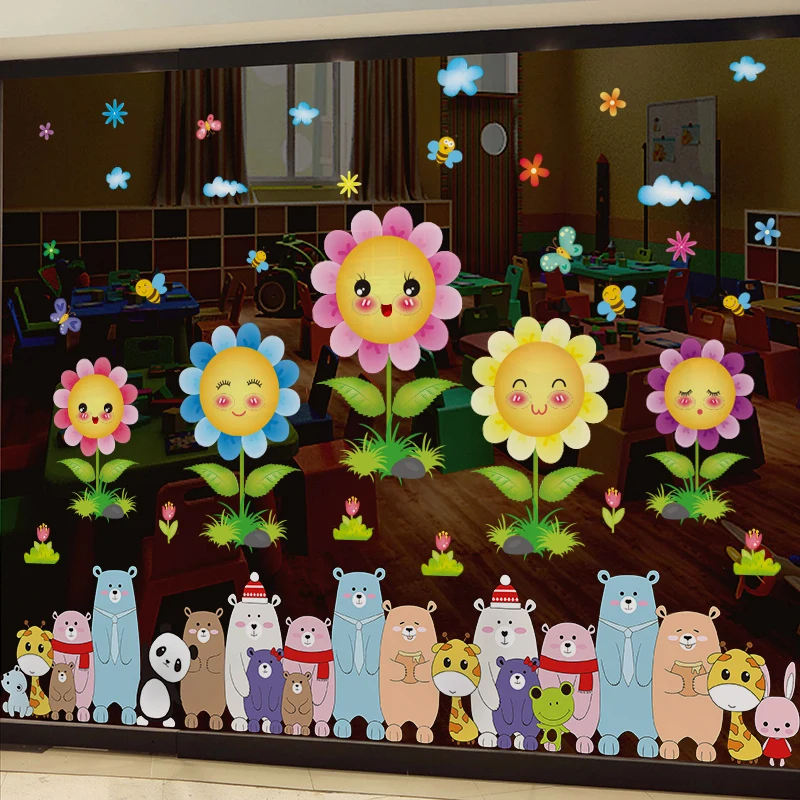 

Bear Animals Wall Stickers DIY Cartoon Sunflowers Plants Wall Decals for Kids Room Baby Bedroom Nursery Glass Home Decoration