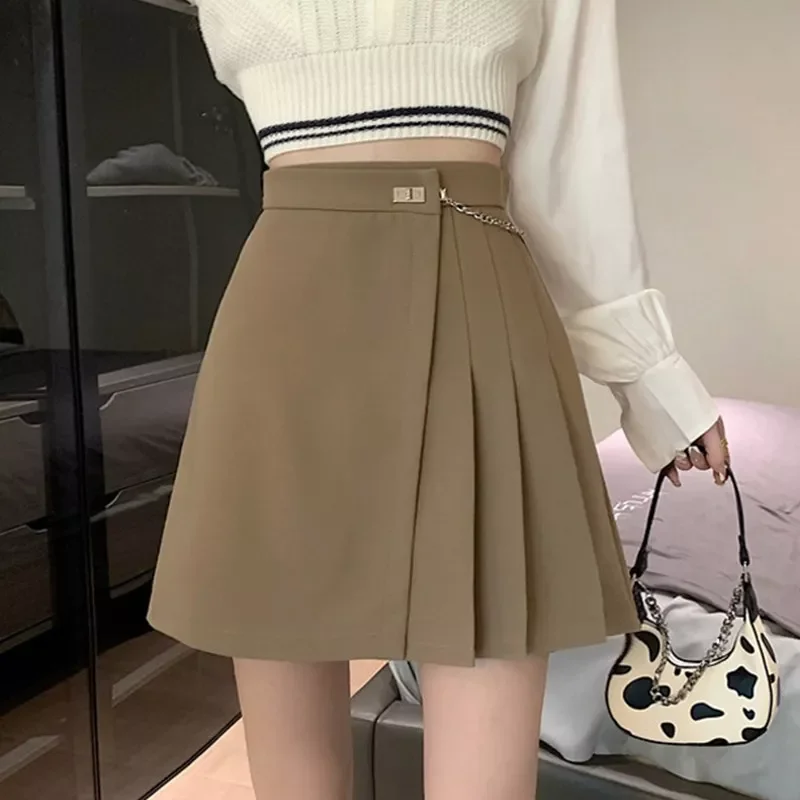 

High Waist Mini Skirts Women New 2022 Korean Style Streetwear Chain Jupe Solid Color Ladies A-line Short Pleated Faldas Mujer