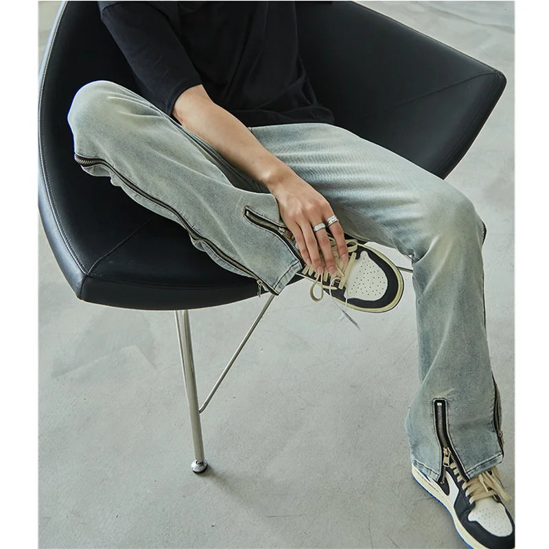 Streetwear Men 2022 New Vintage Straight Tube Side Zipper Recreational Jeans Simplicity Temperament Blue Trousers Autumn Female