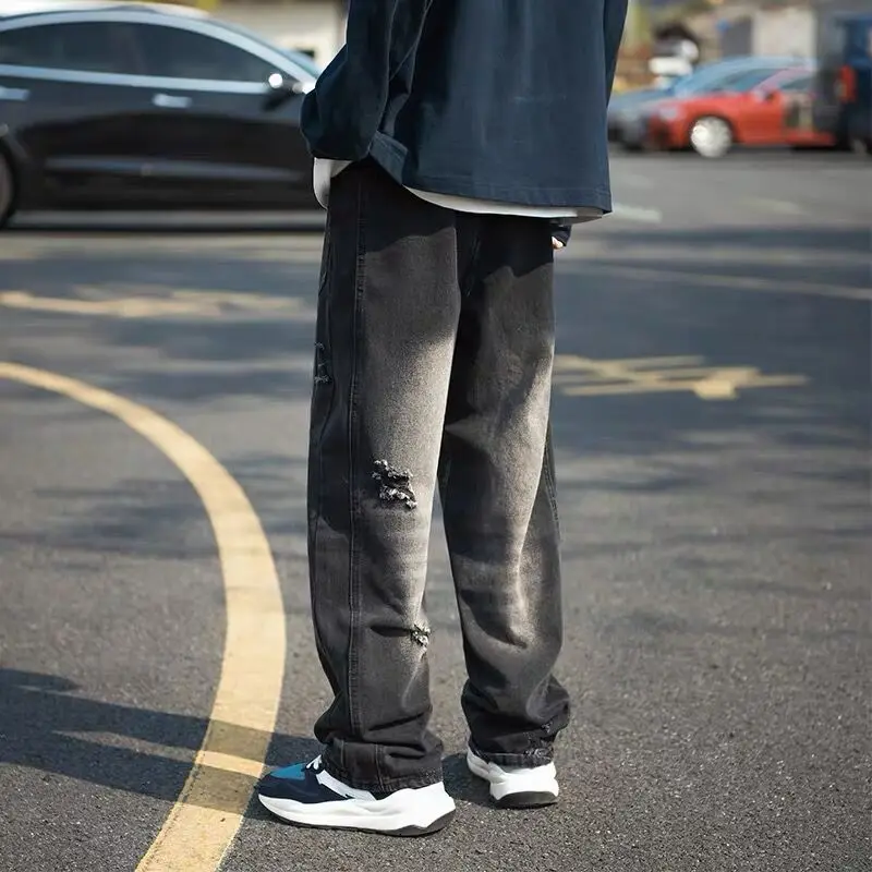 DEEPTOWN Vintage Ripped Jeans Men Retro Fashion Hole Denim Pants Hip Hop Punk Trousers Male Streetwear Loose Casual Straight 3XL