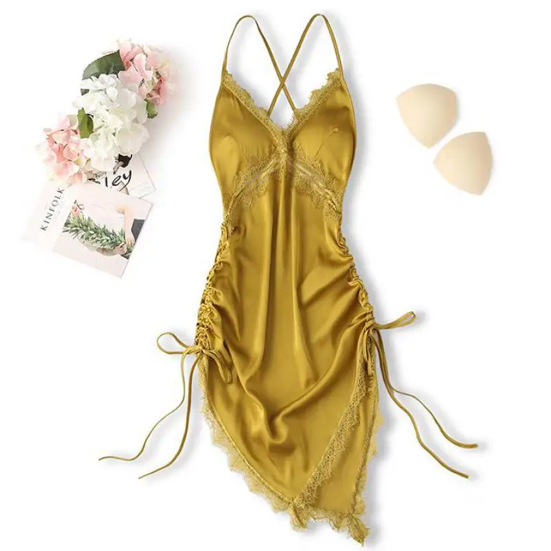 Cetim renda retalhos camisola íntima lingerie feminina sexy nightdress casa roupas amarelo verão novo espaguete sling nightwear