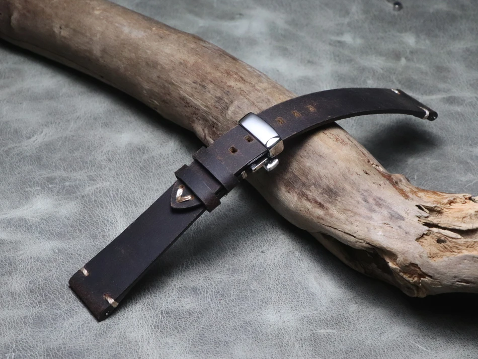 

Handmade Genuine Leather Watchbands 20mm Crazy Horse Skin Watch Butterfly Buckle Steel Strap watch accessories Quick release