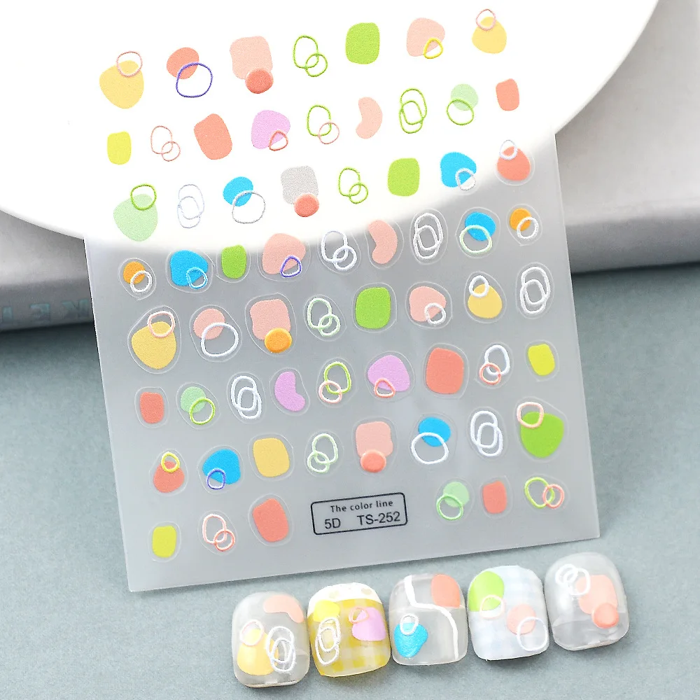 

Candy Colour Series Embossed Nail Art Sticker 5D Irregular Openwork Pattern Design Decor Ultra Thin Charm Sliders Manicure Decal