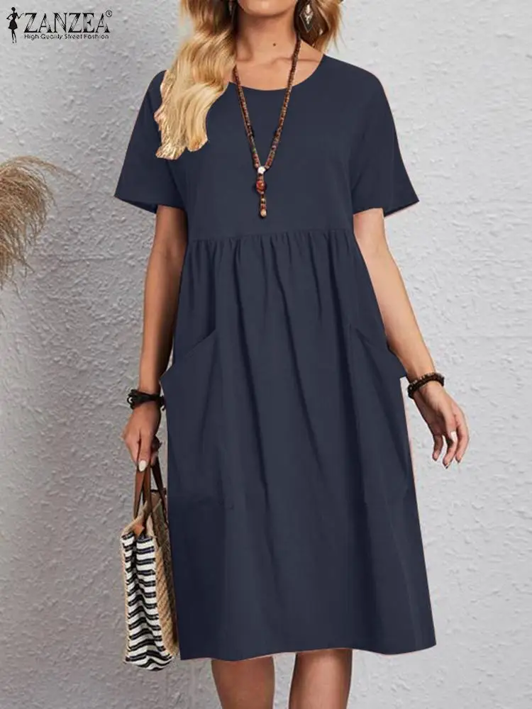 

2023 ZANZEA Summer Women Vintage Short Sleeve Sundress Casual O Neck Loose Holiday Vestido Kaftan Solid Midi Dress Robe Femme