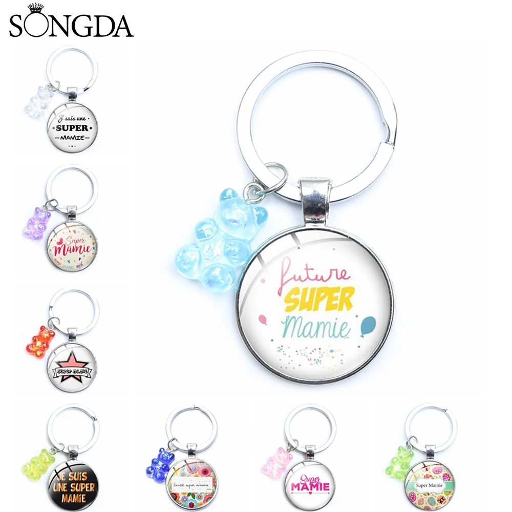 

Super Mamie Keychain Je Suis Une Mamie Super Jewelry Creative Resin Bear Pendant Glass Cabochon Base Key Ring Chain Family Gift