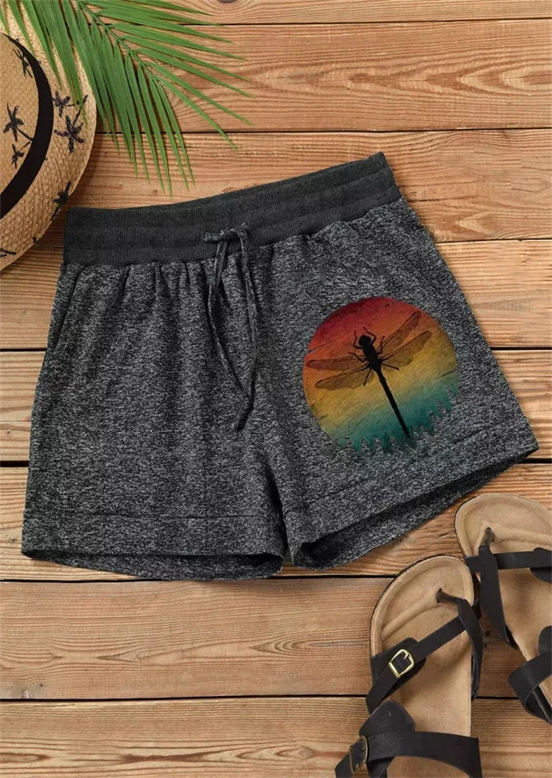 Gradient Dragonfly Pocket Drawstring Shorts Sports Shorts Women's Home Casual Fashion Yoga Shorts Hot Pants Shorts