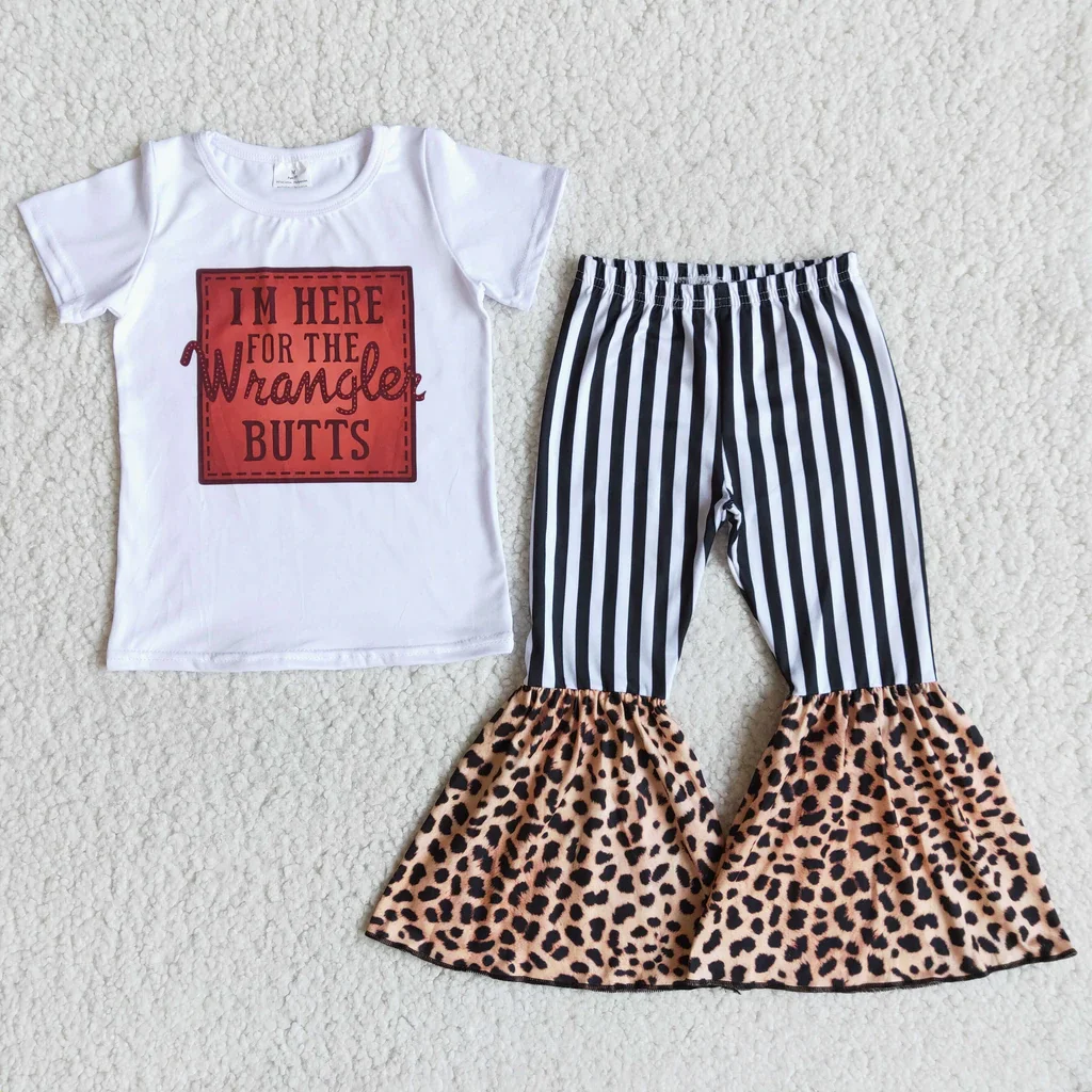 

Wholesale baby clothing sets letter print short shirts top stripe leopard cheetah bell bottom pants two piece kids set