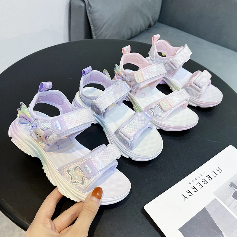 

Сандалии детские пляжные на плоской подошве, модные легкие босоножки с мультяшным рисунком принцессы, мягкие, лето