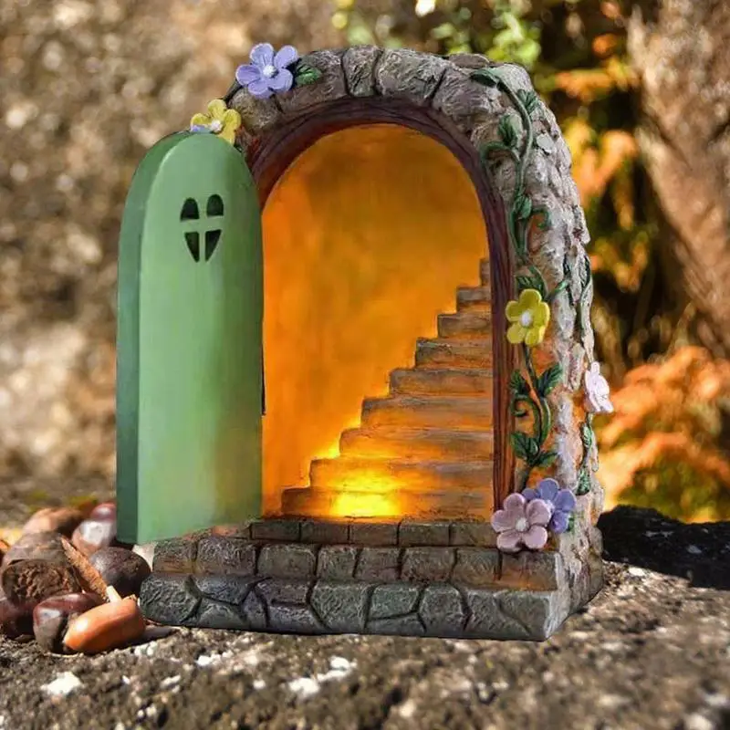 Resin Material Fairy Door Solar Light LED Elf Pixie Steps Magical Garden Tree Crafts Decoration