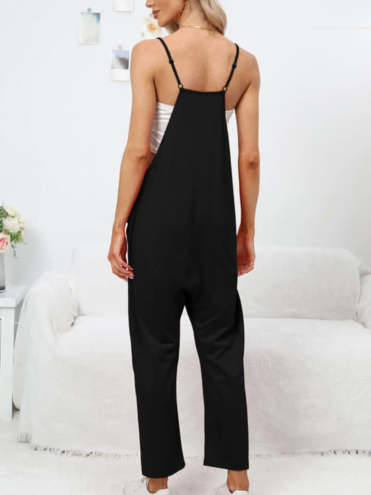 Women Casual Jumpsuit Loose V Neck Sleeveless Harem Long Pants Overalls Summer Pockets Wide Leg Rompers Strap Baggy Streetwear
