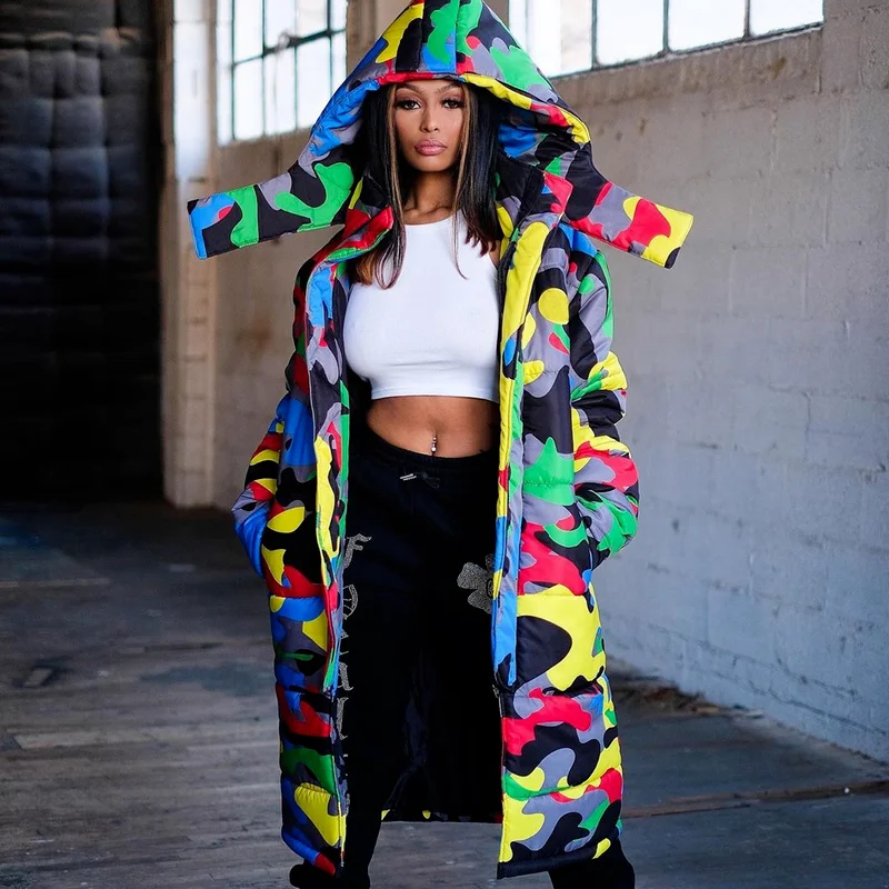 Women's Men and Women Can Wear Winter Color Camouflage Printing and Dyeing Zipper Long Bread Jacket Down Jacket Quilted Jacket