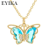 eyika top quality multicolor glass crystal zircon double layer butterfly pendant necklace for women colorful animal jewelry gift